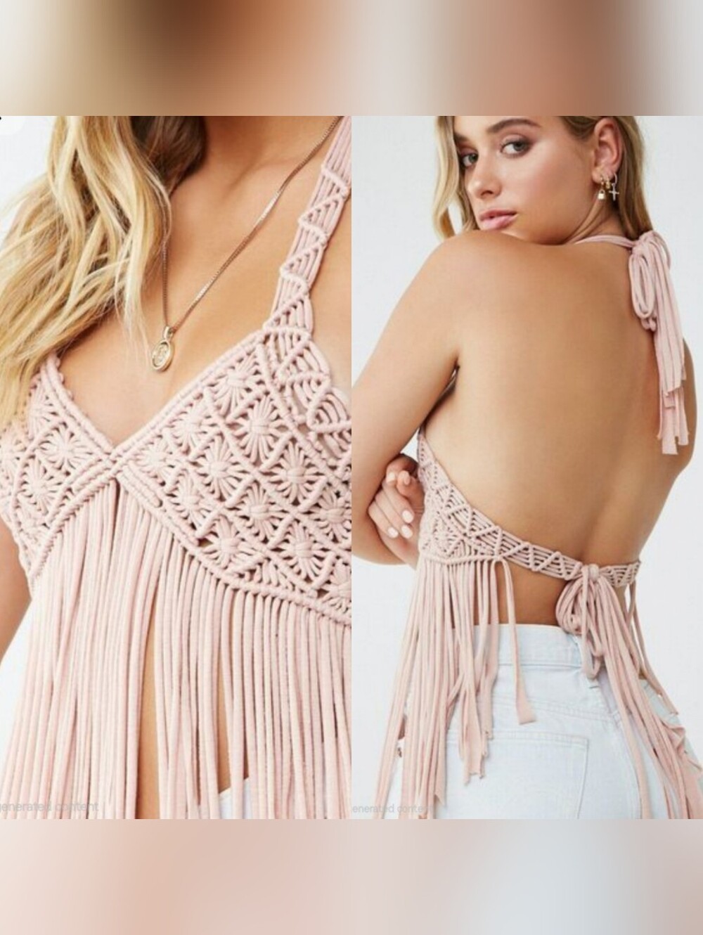 Dusty Pink Macrame Cropped Fringe Halter Top Boho